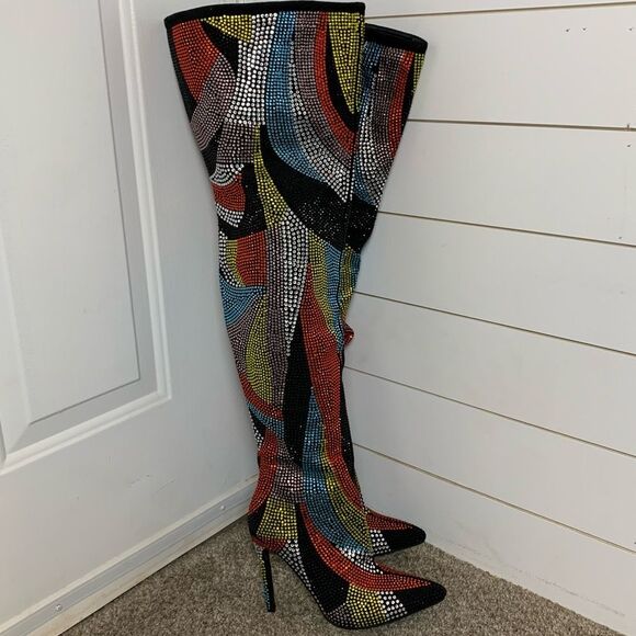 AZALEA WANG Glamoraour EMBELLISHED STILETTO BOOT thigh high 4in heel woman’s 7 - Picture 1 of 9